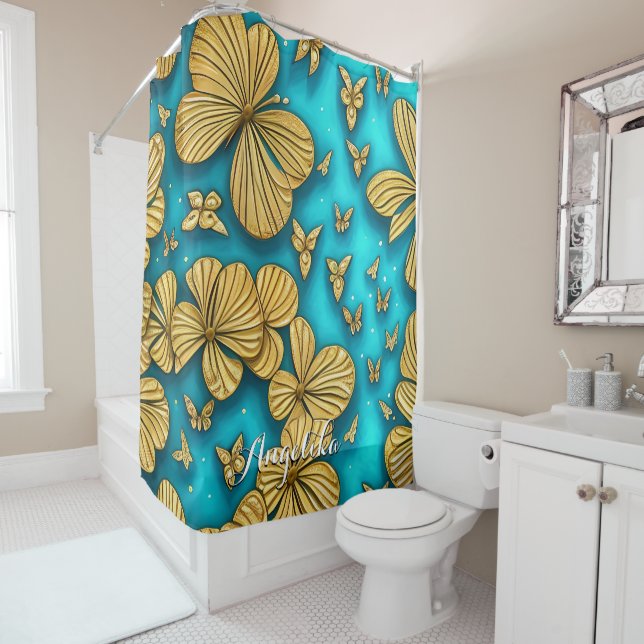 Teal and Gold Flowers Personalised Name Shower Curtain (In Situ)