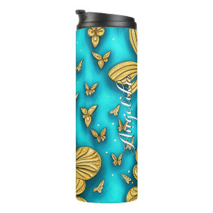 Teal and Gold Flowers Personalised Name Thermal Tumbler