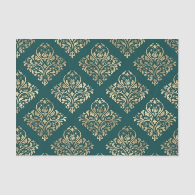 Teal and Gold Foil Antique Pattern Tissue Paper (Front)