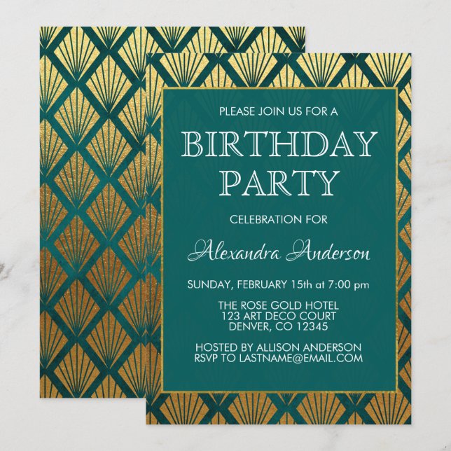 Teal and Gold Foil Art Deco Birthday Party Invitation (Front/Back)