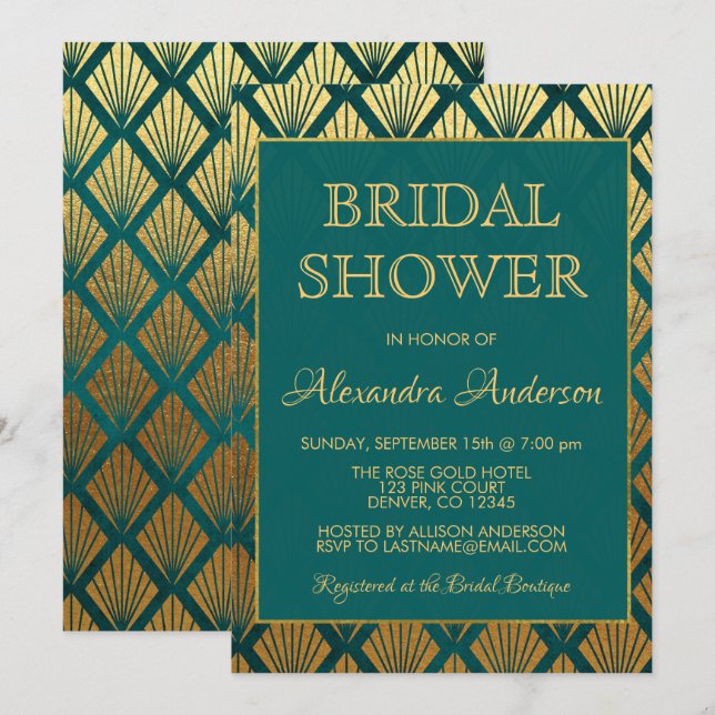 Teal and Gold Foil Elegant Art Deco Bridal Shower Invitation (Front/Back)