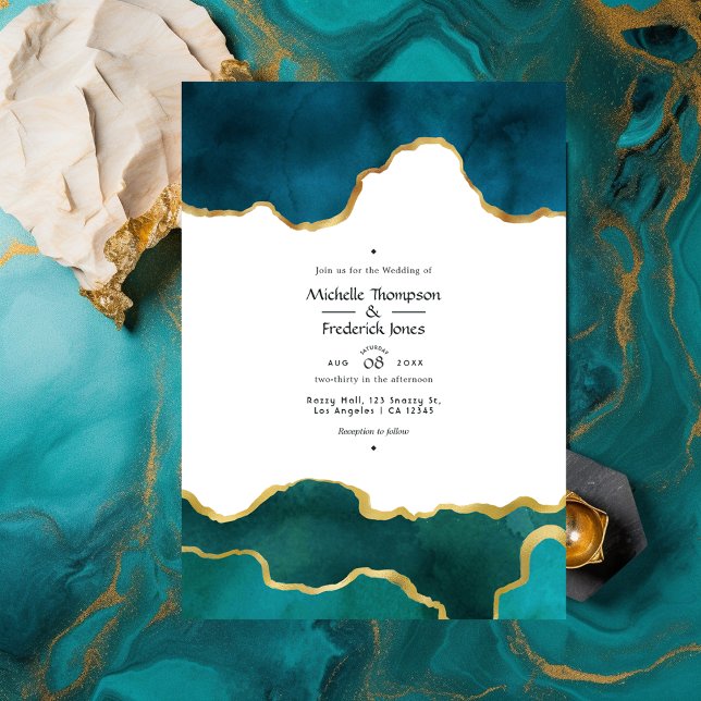 Teal and Gold Geode Agate Stone Wedding Photo Invitation (Creator Uploaded)