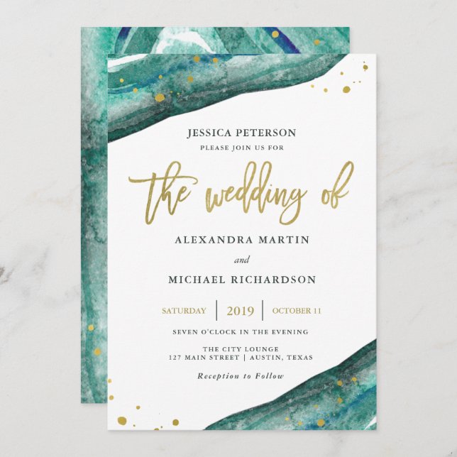 Teal and Gold Geode with Guest's Name | Wedding Invitation (Front/Back)