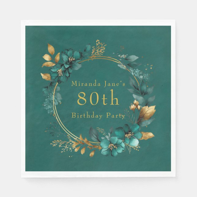 Teal and Gold Geometric Floral 80th Birthday Party Napkin (Front)
