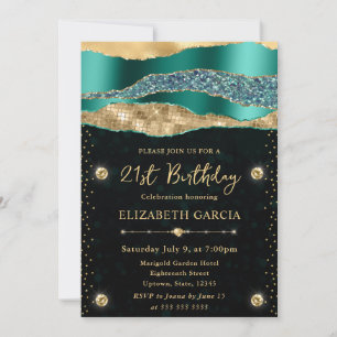 Teal and Gold Glam Tears Bokeh Birthday Party Invitation