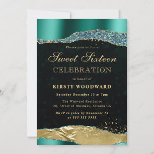 Teal and Gold Glam Tears Sweet Sixteen Invitation