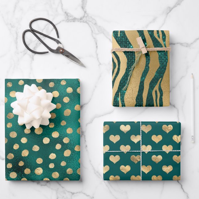 Teal and Gold Glam Wrapping Paper Sheet (Front)