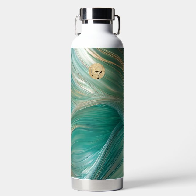 Teal and Gold Glassy Swirls Water Bottle (Front)
