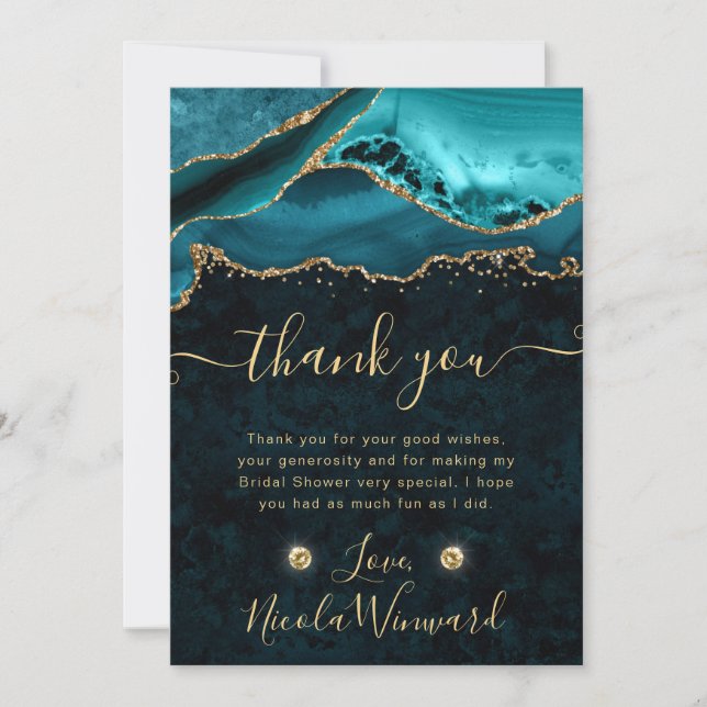 Teal and Gold Glitter Agate Bridal Shower Thank You Card (Front)
