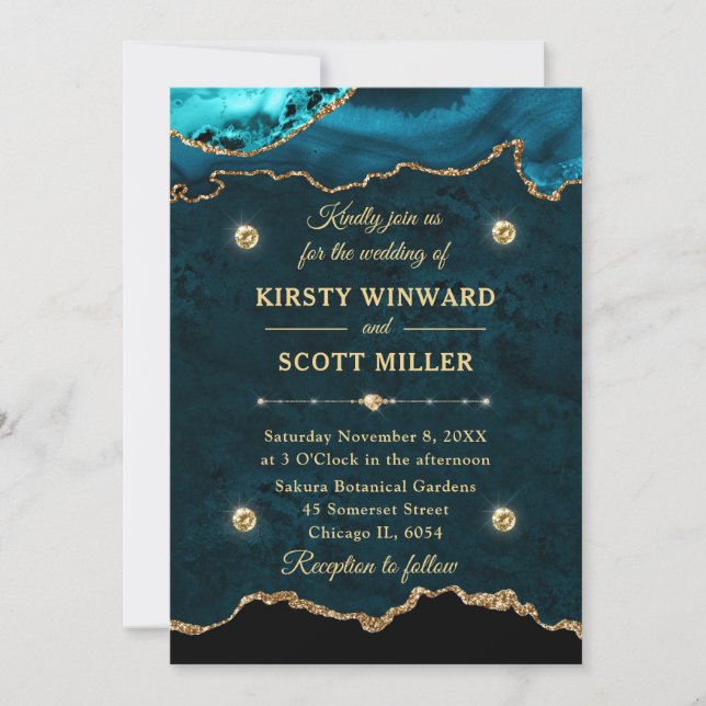 Teal and Gold Glitter Agate Marble Wedding Invitation (Front)