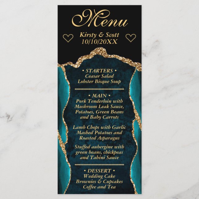 Teal and Gold Glitter Agate Marble Wedding Menu (Front)
