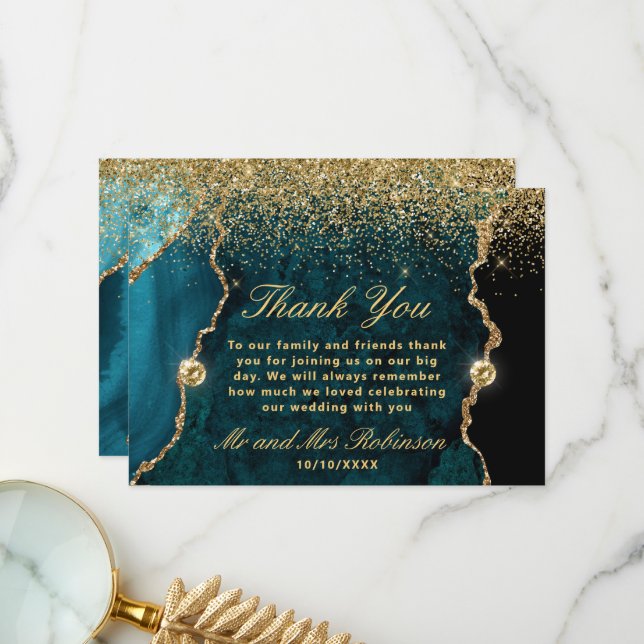 Teal and Gold Glitter Agate Marble Wedding Thank You Card (Front/Back In Situ)