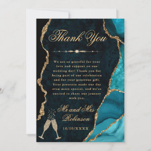 Teal and Gold Glitter Agate & Marble Wedding Thank You Card