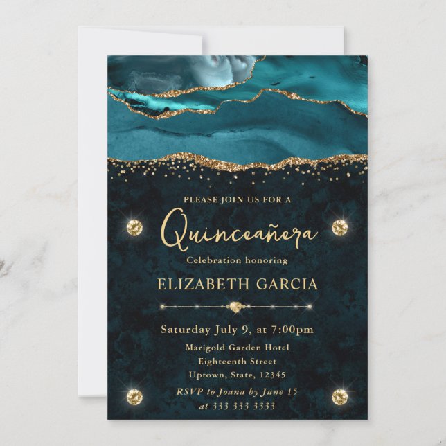 Teal and Gold Glitter Agate Quinceanera Invitation (Front)