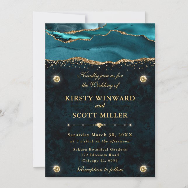 Teal and Gold Glitter Agate Wedding Invitation (Front)