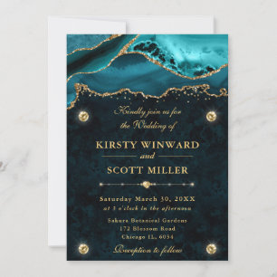 Teal and Gold Glitter Agate Wedding Invitation