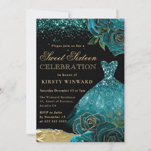 Teal and Gold Glitter Dress Glam Roses Sweet 16 Invitation
