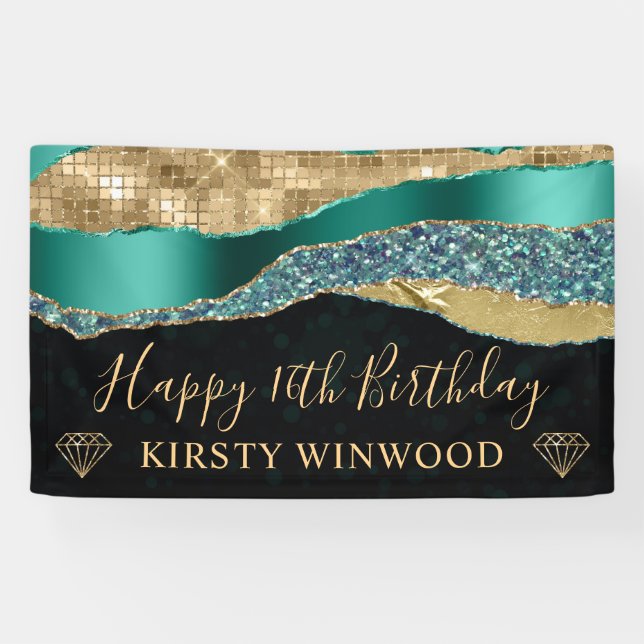 Teal and Gold Glitter Glam Edge Sweet Sixteen Banner (Horizontal)