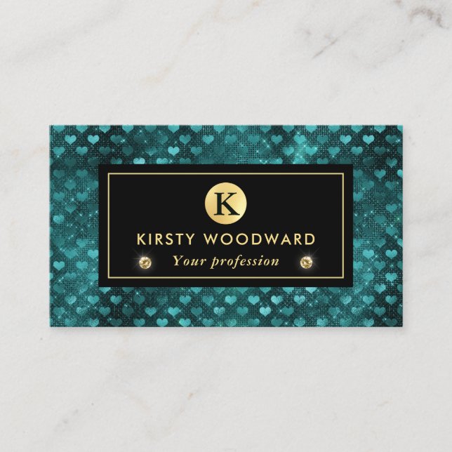 Teal  and Gold Glitter Glam Hearts Pattern Business Card (Front)