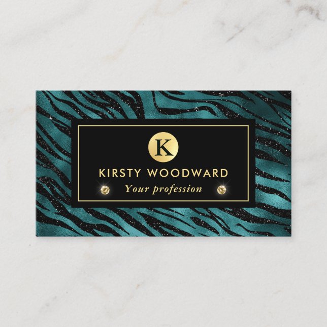 Teal and Gold Glitter Glam Tiger Stripes Pattern Business Card (Front)