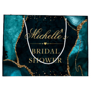 Teal and Gold Glitter Marble Agate Bridal Shower Large Gift Bag