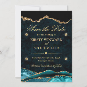 Teal and Gold Glitter Marble Agate Save the Date