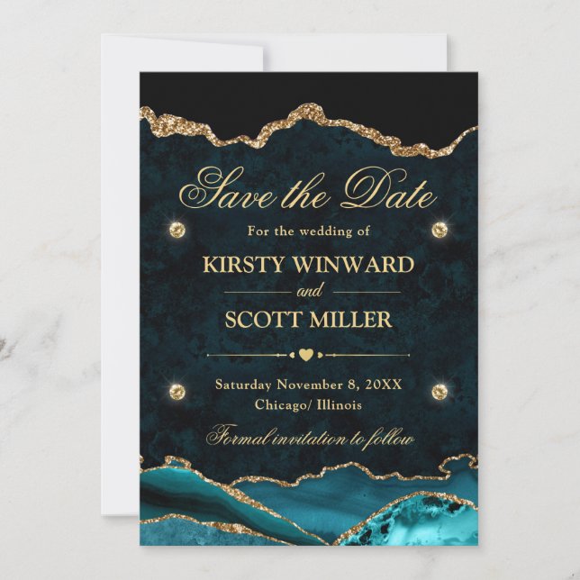 Teal and Gold Glitter Marble Agate Save the Date (Front)
