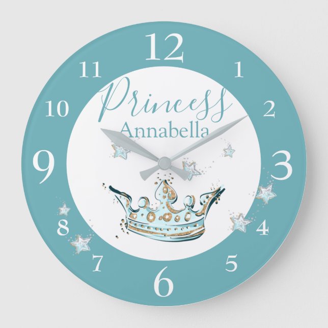 Teal and Gold Glitter Princess Crown and Name Large Clock (Front)