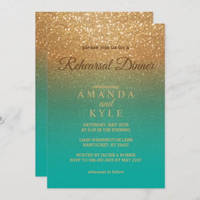 Teal and Gold Glitter - Rehearsal Dinner Invitation (Front/Back)