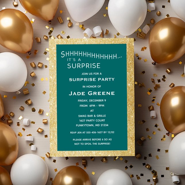 Teal  and Gold Glitter Surprise Party Birthday Invitation (Creator Uploaded)