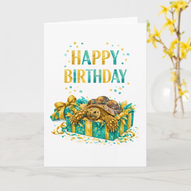 Teal and Gold Happy birthday Sulcata tortoise gift Card (Yellow Flower)