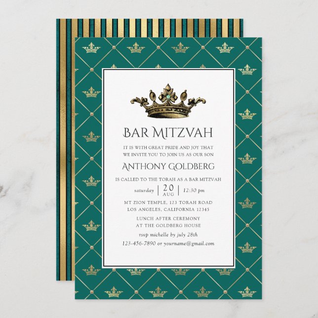 Teal and Gold Heraldic Bar Mitzvah Invitation (Front/Back)