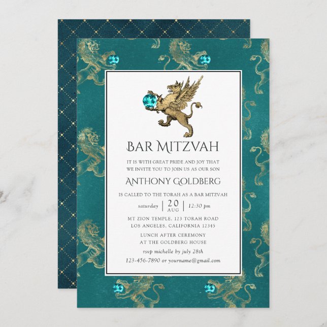 Teal and Gold Heraldic Bar Mitzvah Invitation (Front/Back)
