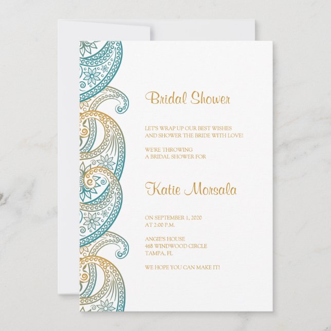 Teal and Gold Indian Paisley Bridal Shower Invitation (Front)