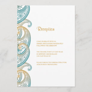 Teal and Gold Indian Paisley Wedding Reception Invitation
