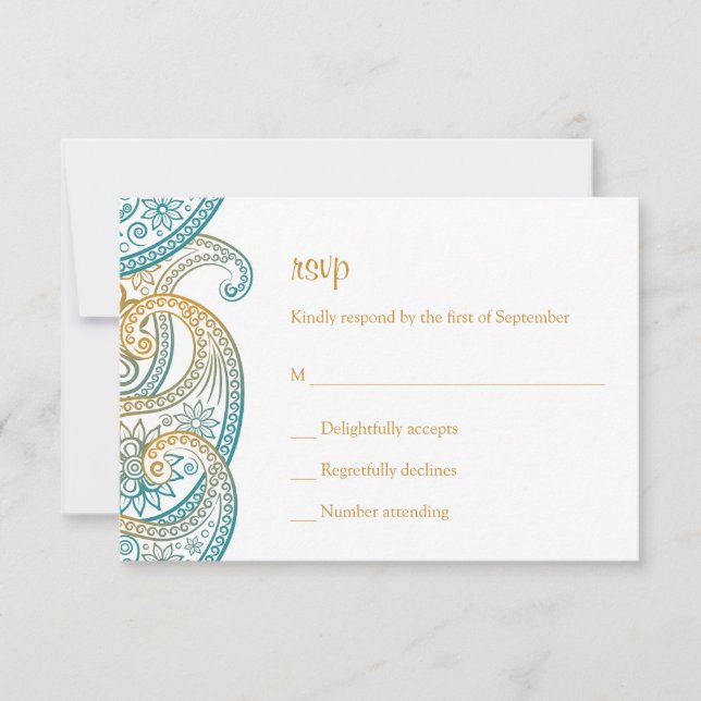 Teal and Gold Indian Paisley Wedding RSVP Card (Front)