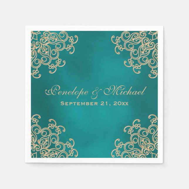 Teal and Gold Indian Style Wedding Napkin (Front)