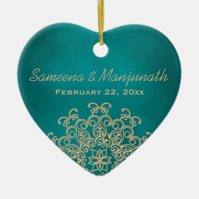 Teal and Gold Indian Style Wedding Party Favour Ceramic Ornament (Front)