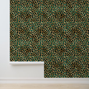Teal and gold leopard animal print pattern wallpaper
