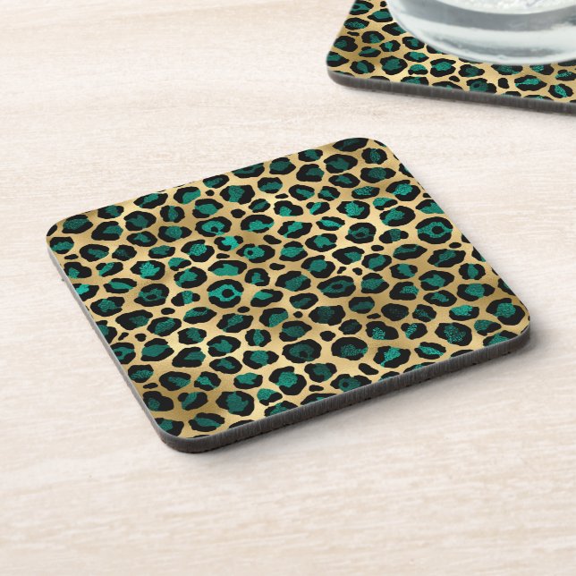 Teal and Gold Leopard Series Design 14 Coaster (Left Side)