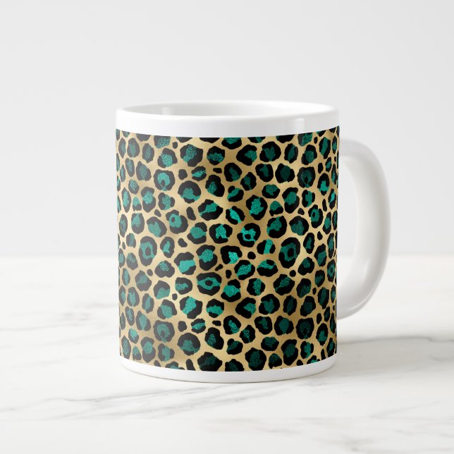 Teal and Gold Leopard Series Design 14 Large Coffee Mug (Front Right)