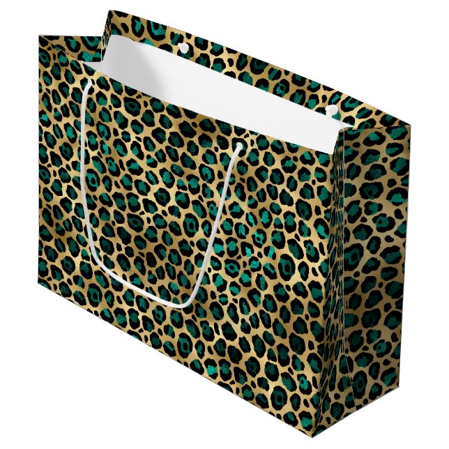 Teal and Gold Leopard Series Design 14 Large Gift Bag (Front Angled)
