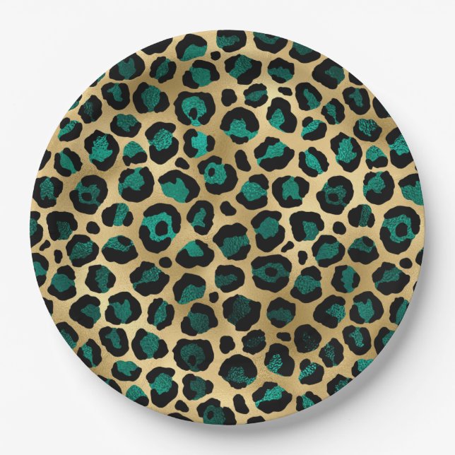 Teal and Gold Leopard Series Design 14 Paper Plate (Front)