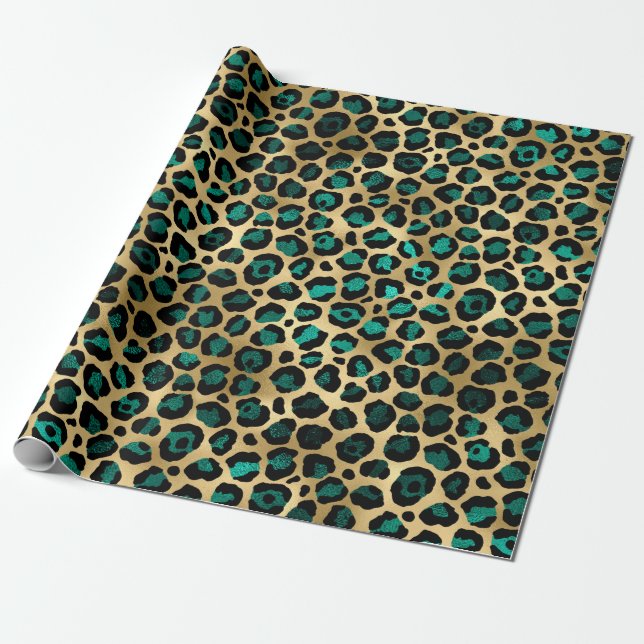 Teal and Gold Leopard Series Design 14  Wrapping Paper (Unrolled)