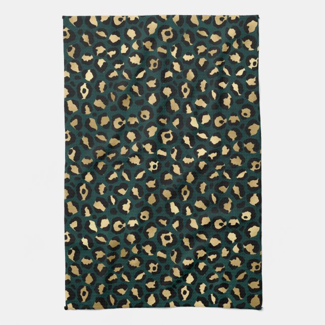 Teal and Gold Leopard Series Design 1  Tea Towel (Vertical)
