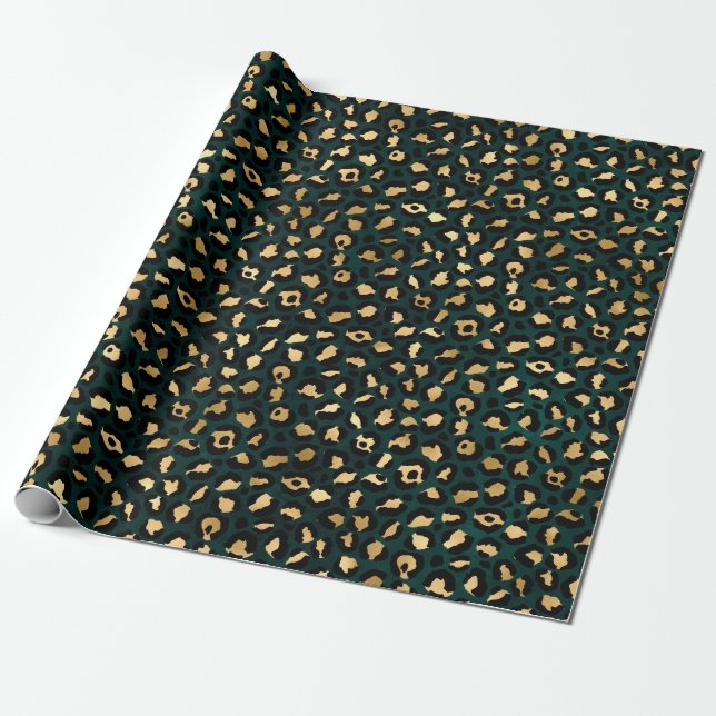 Teal and Gold Leopard Series Design 1  Wrapping Paper (Unrolled)