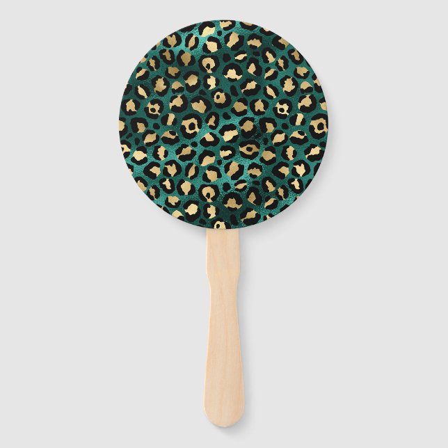 Teal and Gold Leopard Series Design 3 Hand Fan (Front)