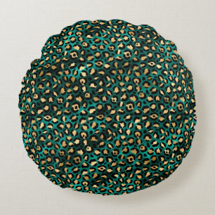 Teal and Gold Leopard Series Design 3 Round Cushion
