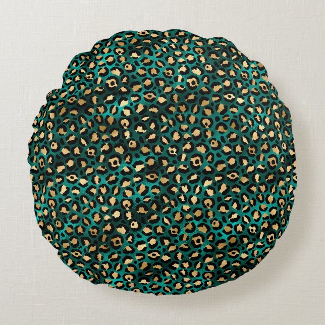 Teal and Gold Leopard Series Design 3 Round Cushion (Front)
