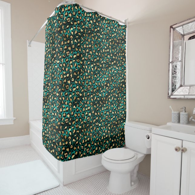 Teal and Gold Leopard Series Design 3 Shower Curtain (In Situ)